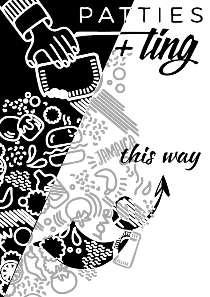 Black and white poster, with an arrow and text saying this way